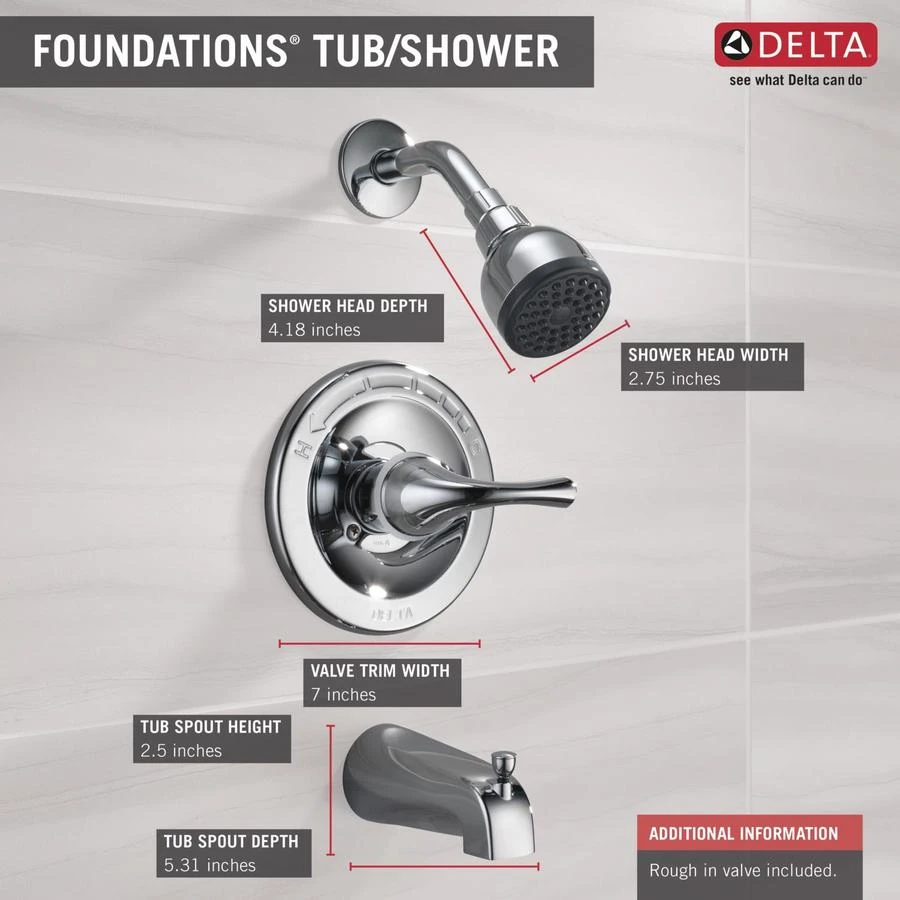 Delta Foundations Chrome 1-Handle Bathtub And Shower Faucet With Valve 4 Delta Foundations Chrome 1-Handle Bathtub And Shower Faucet With Valve - Image 2