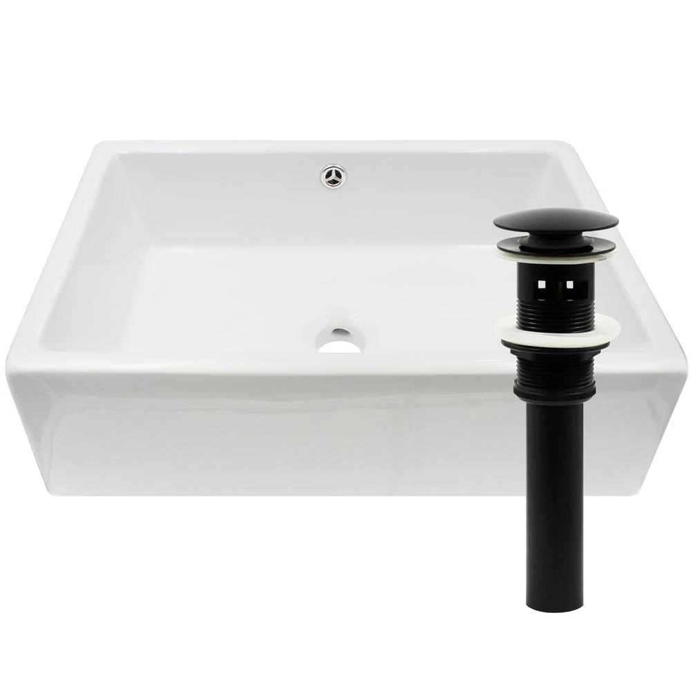Novatto Rectangular Porcelain Vessel Sink In White Wtih Overflow Drain In Matte Black 3 Novatto Rectangular Porcelain Vessel Sink In White Wtih Overflow Drain In Matte Black