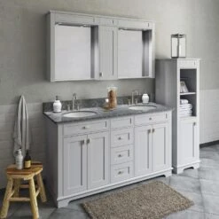 MagickWoods Windermere 17"W X 18"D X 60"H Cloud Gray Linen Cabinet -Master Locks Shop 30343 scene2rev1 mw 1800x1800