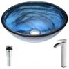 ANZZI Soave Series Deco-Glass Vessel Sink In Sapphire Wisp With Key Faucet In Brushed Nickel