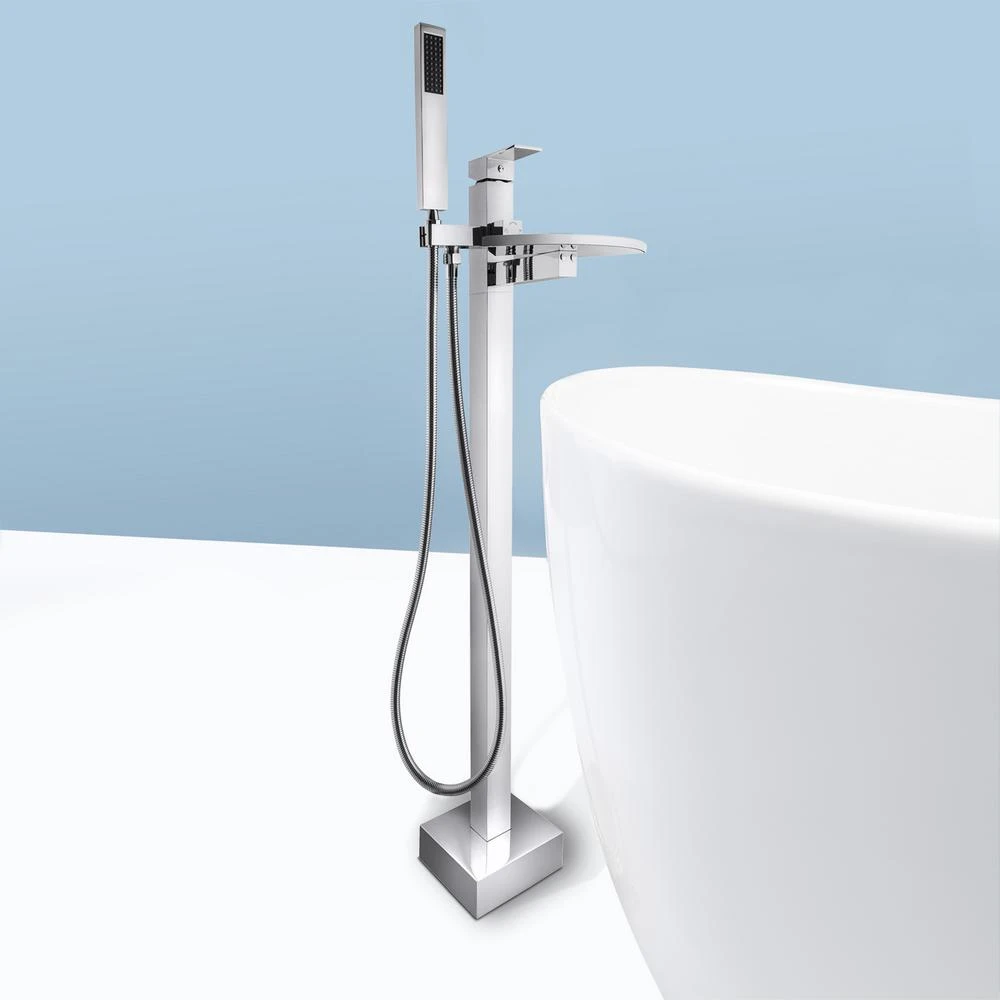 1-Handle Freestanding Floor Mount Roman Tub Faucet Bathtub Filler With Waterfall Style And Hand Shower In Chrome 10 1-Handle Freestanding Floor Mount Roman Tub Faucet Bathtub Filler With Waterfall Style And Hand Shower In Chrome - Image 8