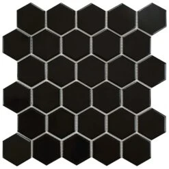 Merola Tile Metro Hex 2 In. Glossy Black 11-1/8"x12-5/8" X 7 Mm Porcelain Mosaic Tile (9.64 Sq. Ft. / Case)
