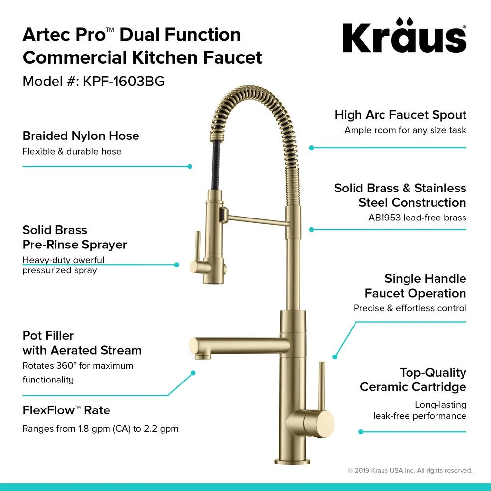 Artec Pro Single-Handle Pull-Down Sprayer Kitchen Faucet And Pot Filler In Brushed Gold 10 Artec Pro Single-Handle Pull-Down Sprayer Kitchen Faucet And Pot Filler In Brushed Gold - Image 8