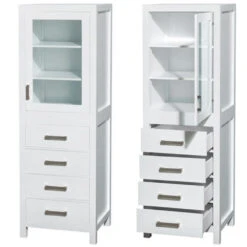 Wyndham Collection Sheffield 24"White Linen Tower With Shelved Cabinet Storage And 4 Drawers -Master Locks Shop WC 1414 LT WHT CLOSEDANDOPEN 1800x1800