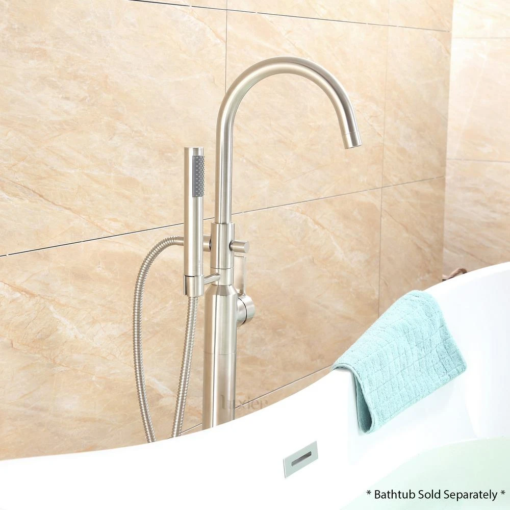 Modern Freestanding Single-Handle Floor-Mount Roman Tub Faucet Filler With Hand Shower In Brushed Nickel 7 Modern Freestanding Single-Handle Floor-Mount Roman Tub Faucet Filler With Hand Shower In Brushed Nickel - Image 5
